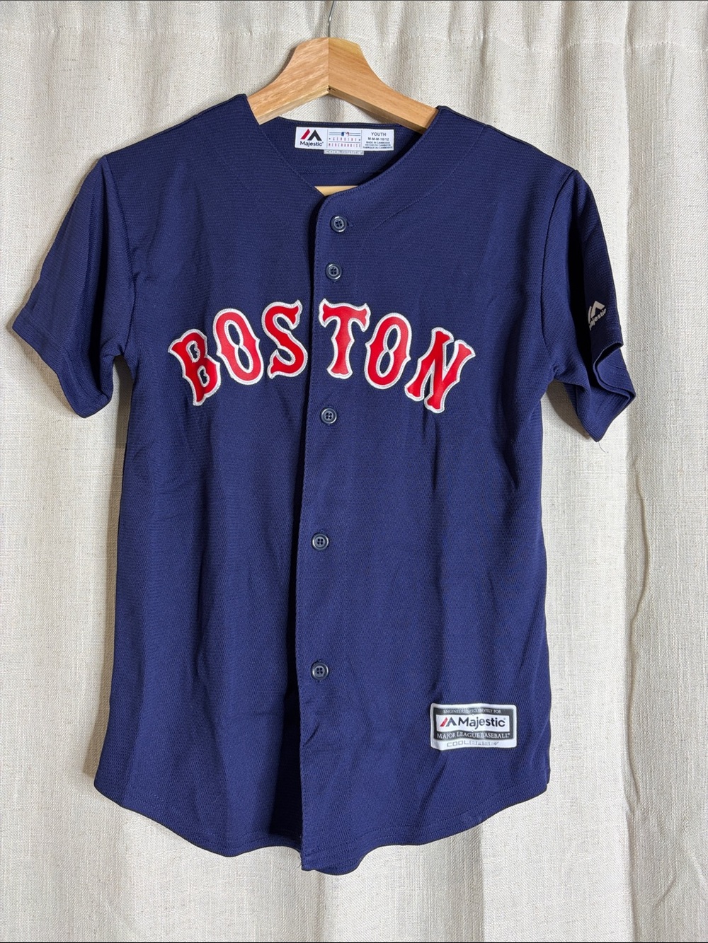 Majestic Navy Boston Button-Up Kids Baseball Jersey with Red Lettering
